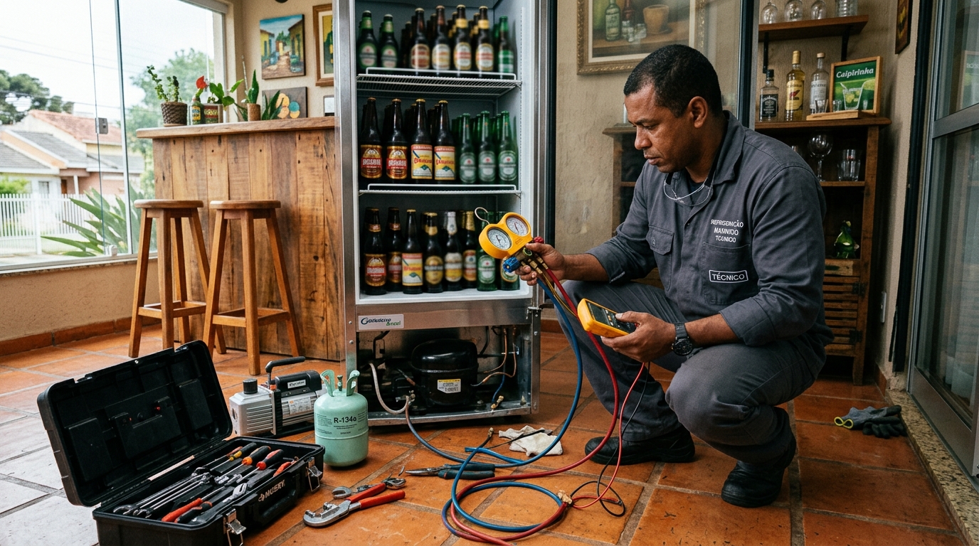 Profissional executando reparo no motor de cervejeira em Itajaí‑SC