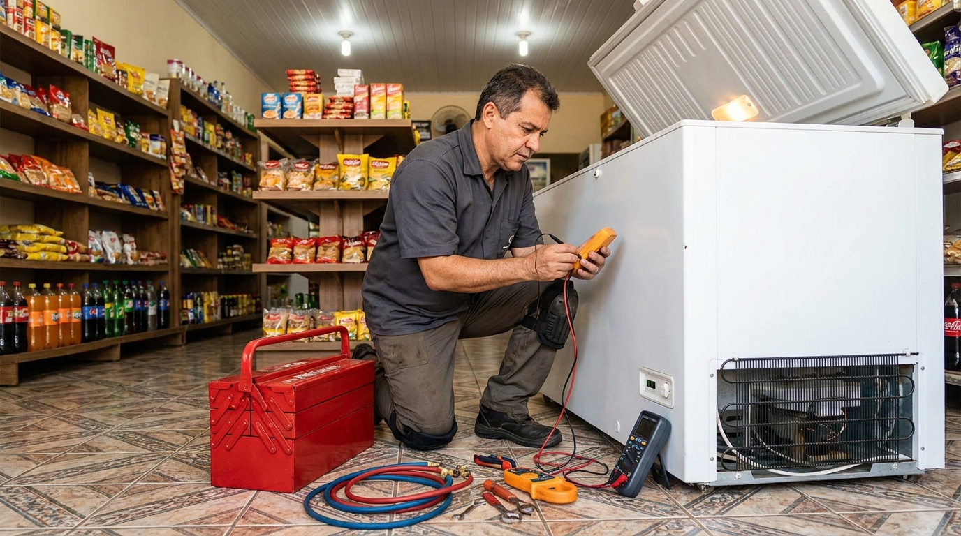 Recarga de gás refrigerante no freezer durante atendimento em Itajaí‑SC