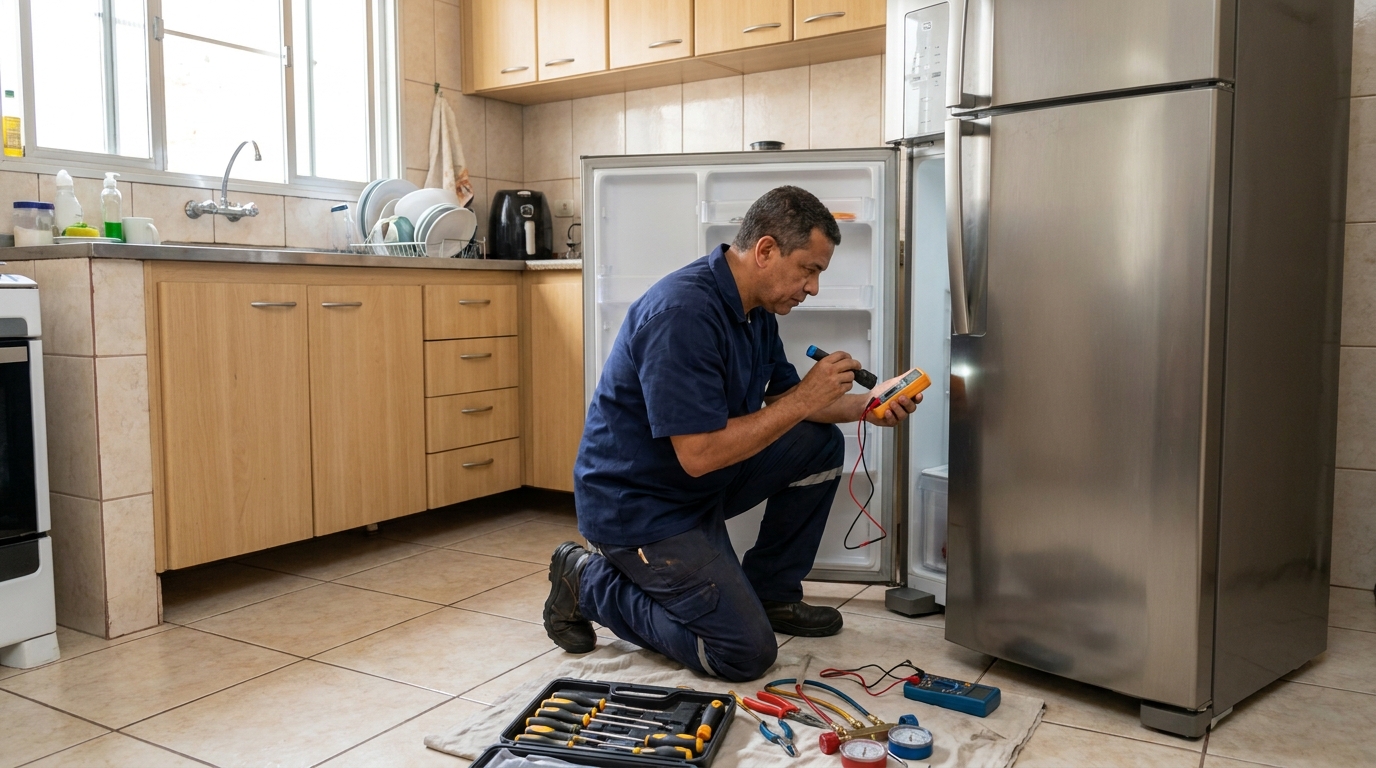 Técnico aplicando recarga de gás refrigerante em geladeira em Itajaí‑SC