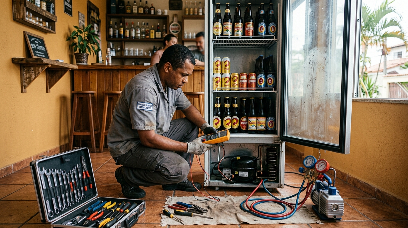 Substituição de termostato de cervejeira em serviço técnico em Itajaí‑SC